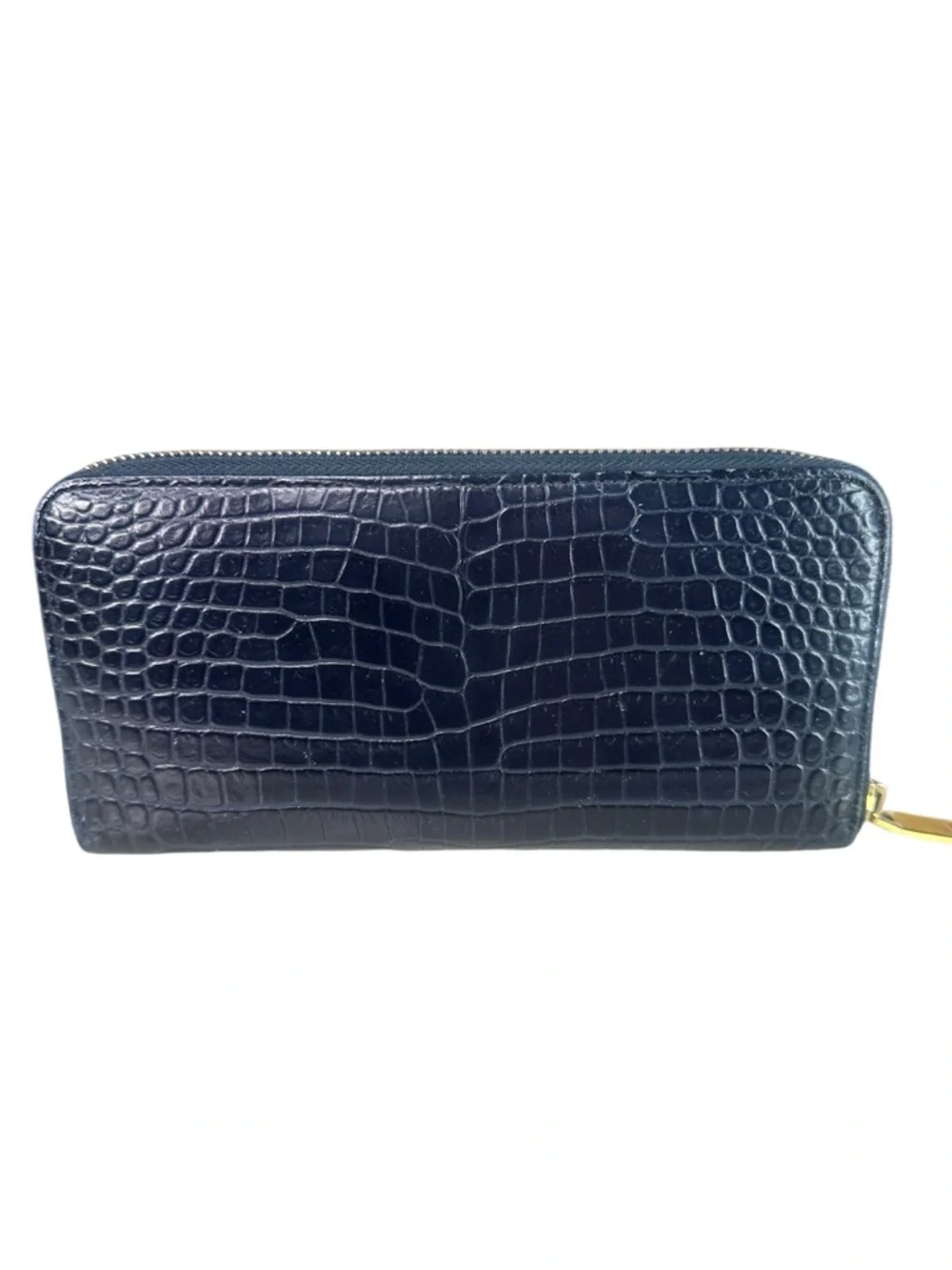 Yves Saint Laurent Navy Croc-Embossed Zip Wallet with Gold YSL Emblem - Picture 2 of 11